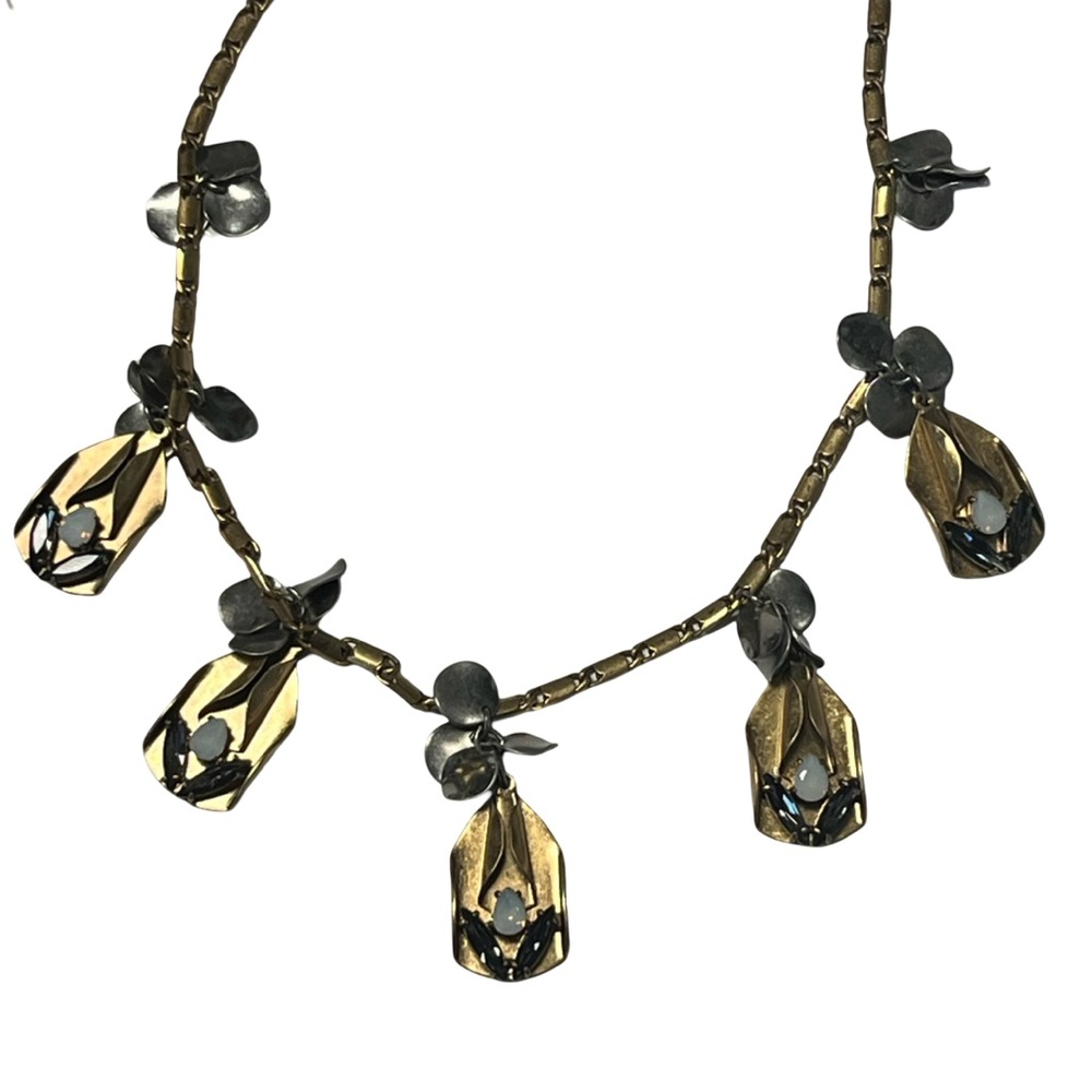 J. Crew Two Toned Floral and Leaf Necklace Faux Opal &‎ Grey Crystal Accents 31"